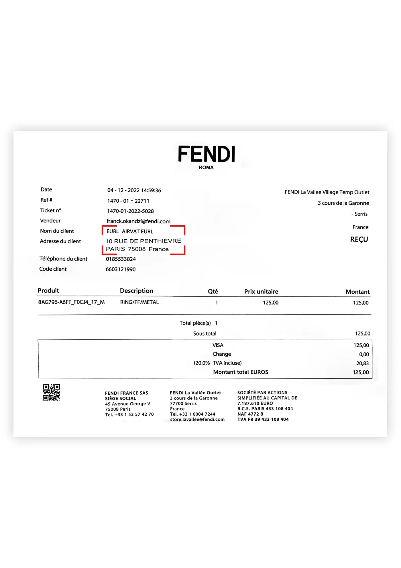 Valid invoice for tax free shopping with Airvat app in Fendi