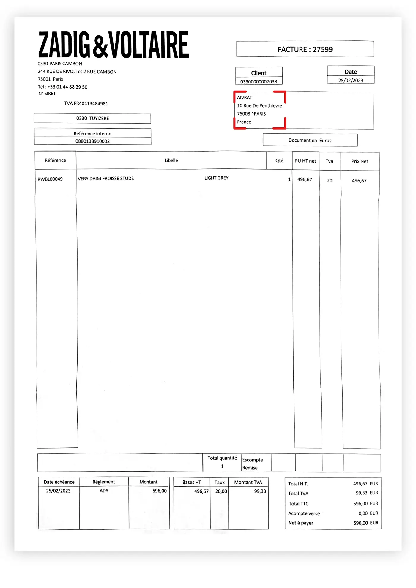 Valid invoice for tax free shopping with Airvat app in Zadic voltaire