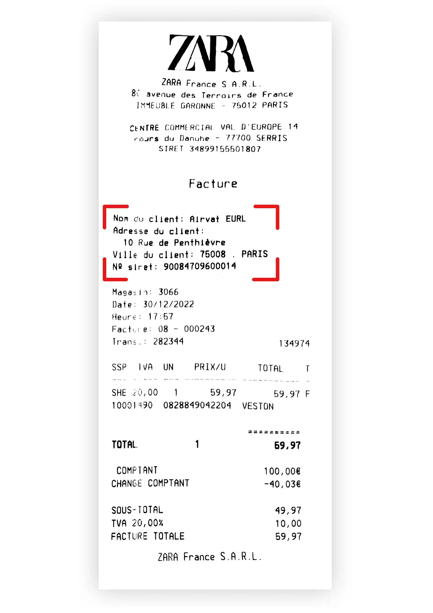 Valid invoice for tax free shopping with Airvat app in Zara