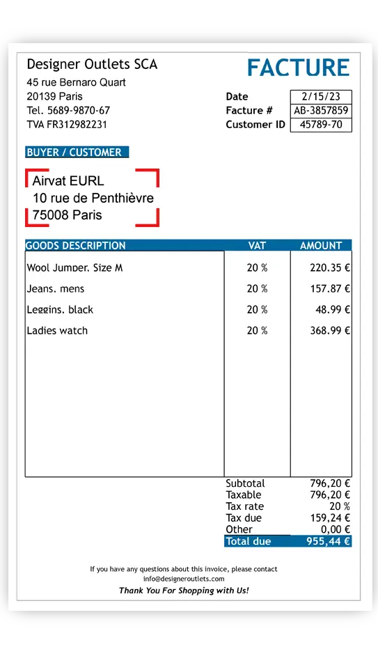 [...], [Primark], [manual], [Burberry],...VAT refund invoice for tax-free shopping in France with the Airvat tax refund app