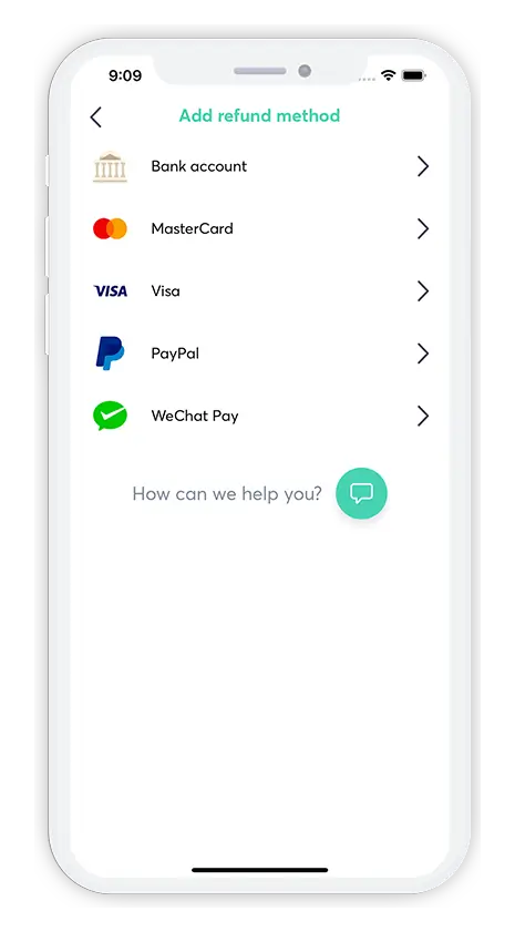 Airvat app screen listing different VAT refund payment options
