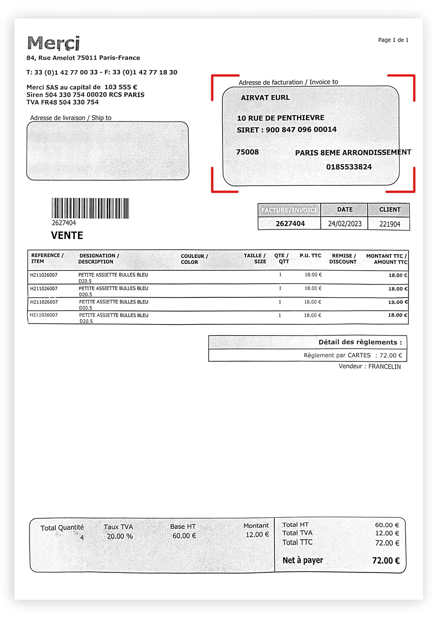 Valid invoice for tax free shopping with Airvat app in Merci