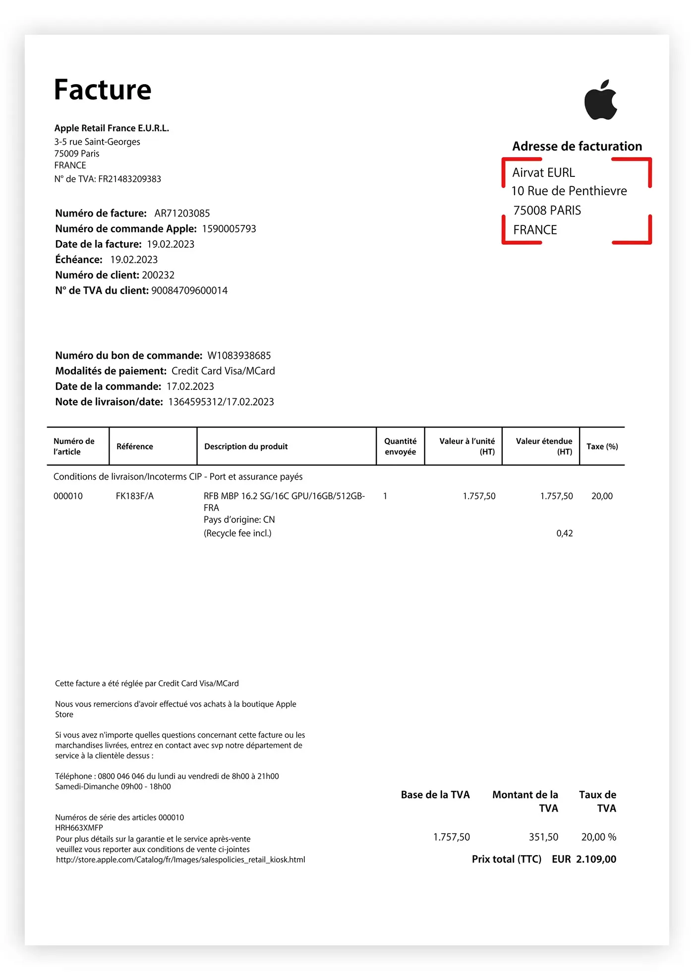 Example of an Apple tax-free invoice addressed to Airvat
