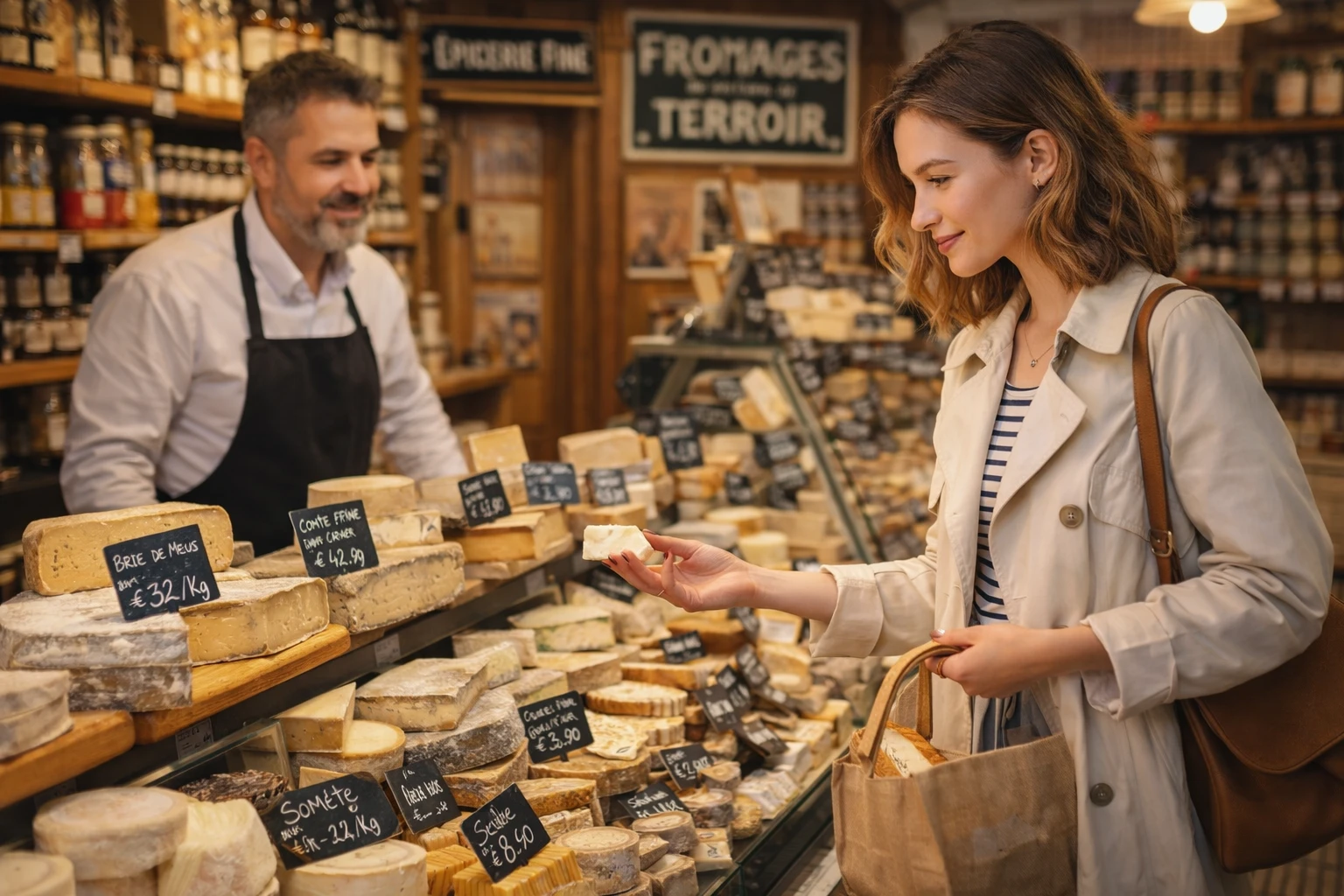 Paris gourmet food store interior with French delicacies